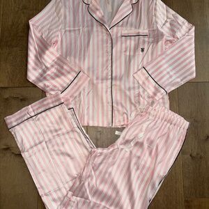 Victoria's Secret Glazed Satin Long Pajama Set Iconic Pink Stripe Sz M NEW